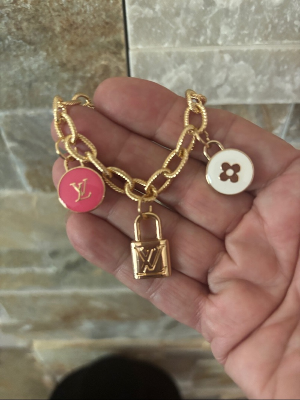 Gold Charm LV Padlock Bracelet with Pink and White Skittles - Picture 2 of 4
